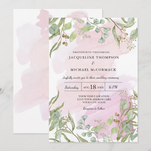 Moderne Waterverf Roze Eucalyptus Greenery Wedding Kaart (Voorkant / Achterkant)
