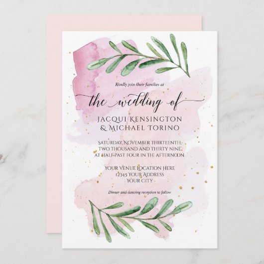 Moderne Waterverf Roze Eucalyptus Greenery Wedding Kaart (Voorkant / Achterkant)