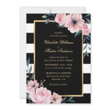 Moderne Waterverf roze Floral Gold Black Wedding