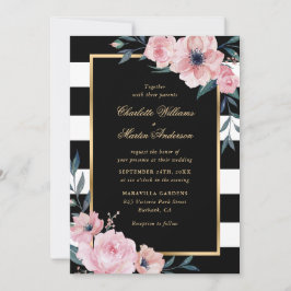 Moderne Waterverf roze Floral Gold Black Wedding Kaart