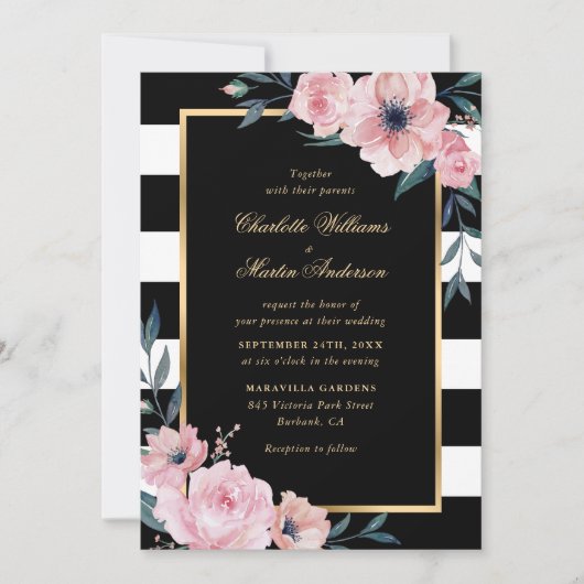 Moderne Waterverf roze Floral Gold Black Wedding Kaart (Voorkant)