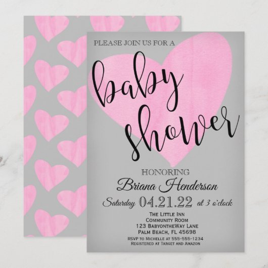 Moderne Waterverf Roze Hart Meisje Baby shower Kaart (Voorkant / Achterkant)