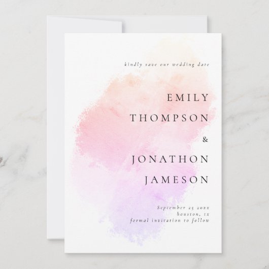 Moderne Waterverf roze koraalbruiloft Save The Date (Voorkant)