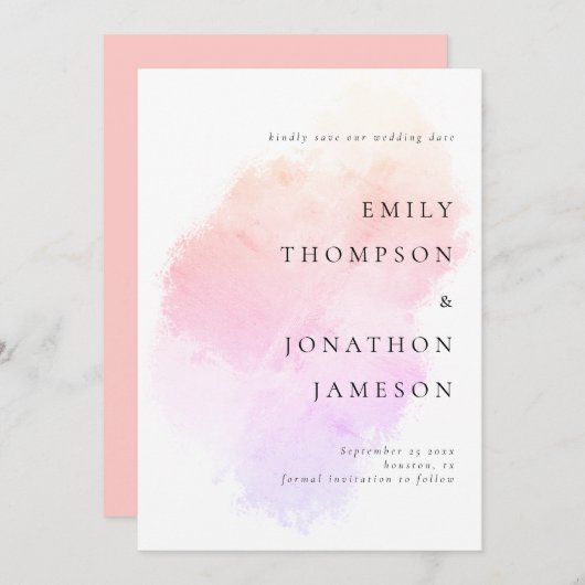 Moderne Waterverf roze koraalbruiloft Save The Date (Voorkant / Achterkant)