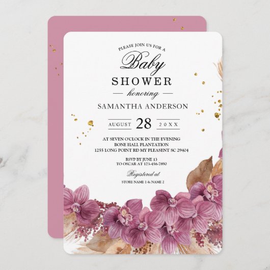 Moderne Waterverf roze orchidee en pampas Kaart (Voorkant / Achterkant)