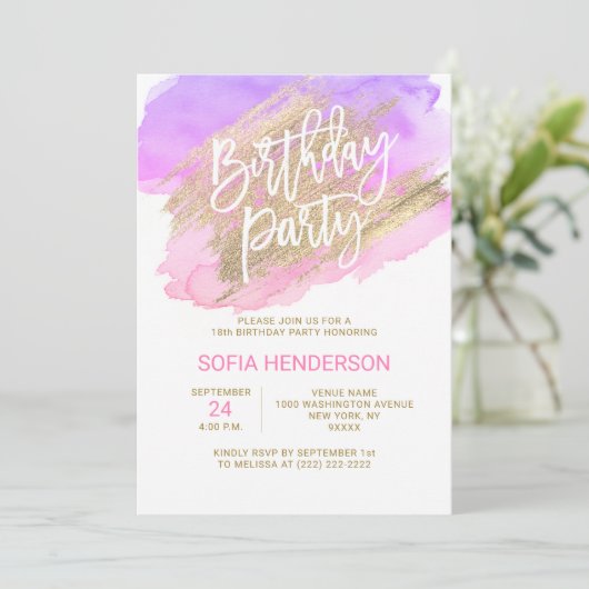 Moderne Waterverf Roze Paarse Gouden Dag Kaart (Staand voorkant)