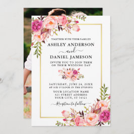 Moderne Waterverf Roze Rozen Bloemen Foto Bruiloft Kaart