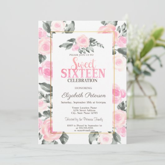 Moderne Waterverf roze rozen zoete 16 Kaart (Staand voorkant)