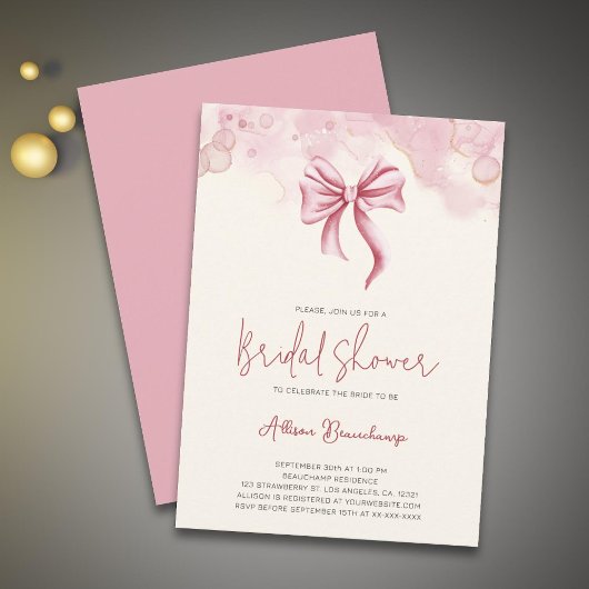 Moderne Waterverf Roze Strik Bruidsdouche Feest Kaart