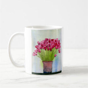 Moderne Waterverf Roze Tulpen Koffiemok