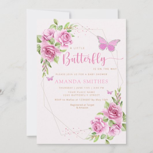 Moderne Waterverf roze vlinder Baby shower Kaart (Voorkant)