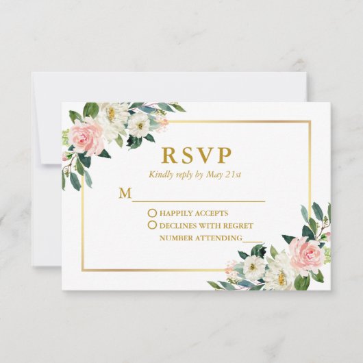 Moderne Waterverf Roze Wit Floral Wedding RSVP Kaartje (Voorkant)