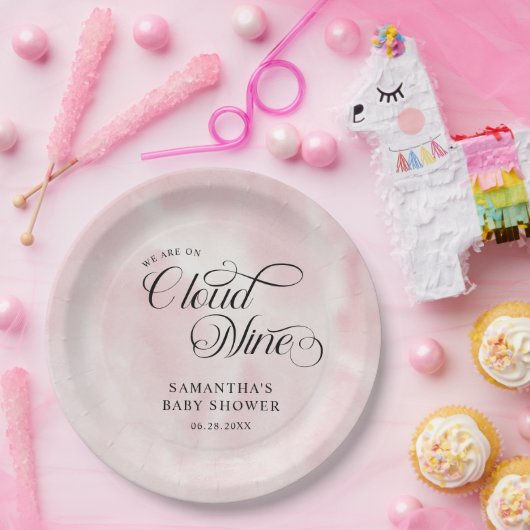Moderne Waterverf Roze Wolk Negen Baby shower Papieren Bordje (Feest)