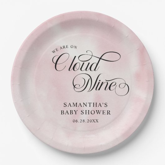 Moderne Waterverf Roze Wolk Negen Baby shower Papieren Bordje (Voorkant)