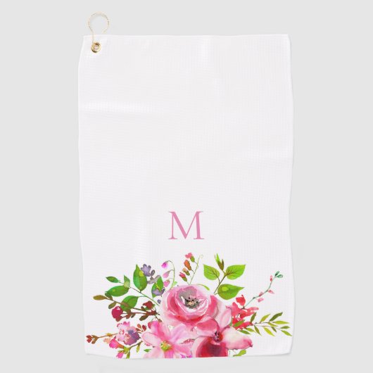 Moderne Waterverf Roze Zomer Bloemen Monogram Golfhanddoek (Voorkant)