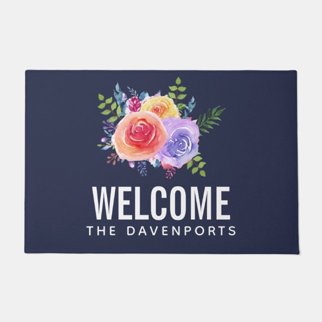 Moderne Waterverf Rozen Bloemenboeket Welkom Deurmat (Voorkant)