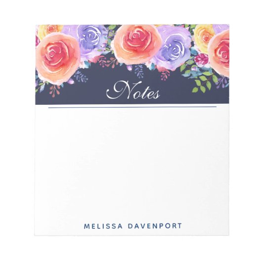 Moderne Waterverf Rozen Floral Bouquet Blue Border Notitieblok (Voorkant)