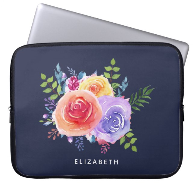 Moderne Waterverf Rozen Floral Bouquet Laptop Sleeve (Voorkant)