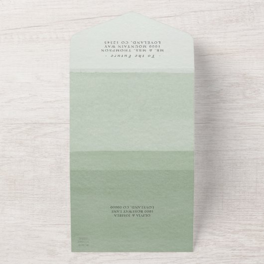 Moderne Waterverf Sage Green Ombre Border Wedding All In One Uitnodiging (Buitenkant)