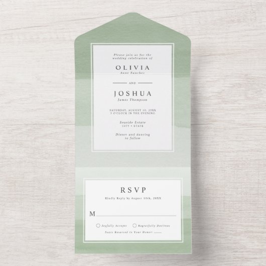 Moderne Waterverf Sage Green Ombre Border Wedding All In One Uitnodiging (Binnen)