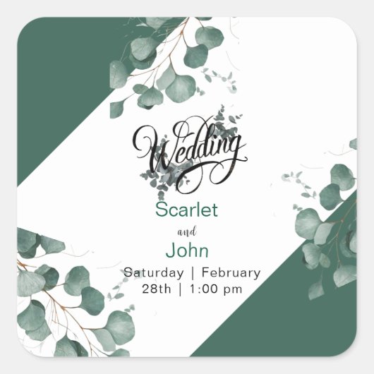 Moderne waterverf salie groene eucalyptus bruiloft vierkante sticker (Voorkant)