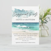 Moderne Waterverf Script Beach Engagement Party Kaart (Staand voorkant)