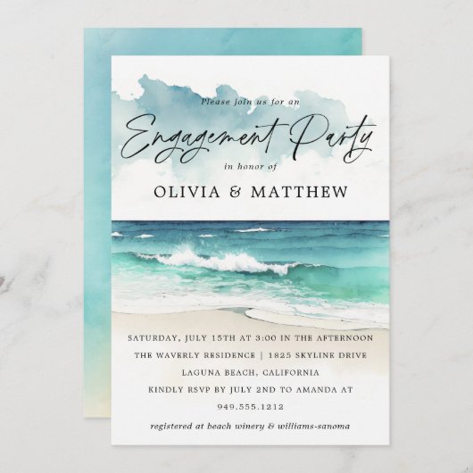 Moderne Waterverf Script Beach Engagement Party Kaart (Voorkant / Achterkant)