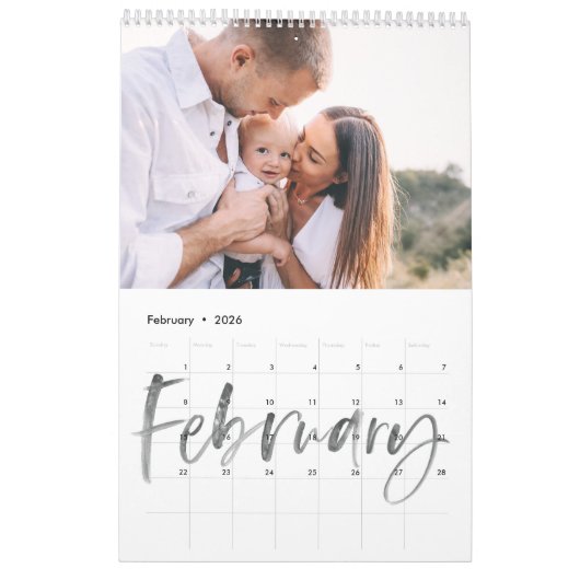 Moderne waterverf script multi-foto kalender (Feb 2026)