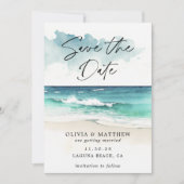 Moderne waterverf script Oceaan Strand QR-code  Save The Date (Voorkant)