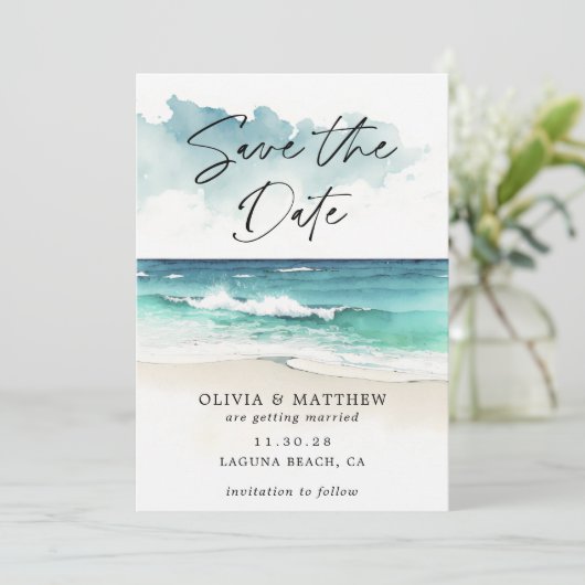 Moderne waterverf script Oceaan Strand QR-code Save The Date (Staand voorkant)