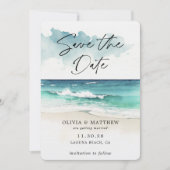 Moderne waterverf script oceaankust QR-code Save The Date (Voorkant)