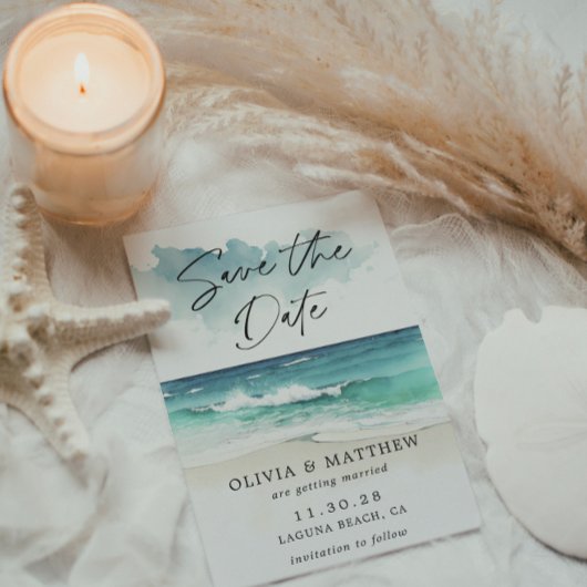 Moderne waterverf script oceaankust QR-code Save The Date