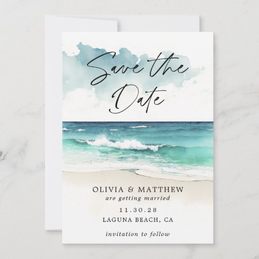 Moderne Waterverf Script Ocean Beach QR-code Save The Date (Voorkant)
