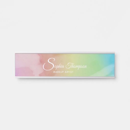Moderne Waterverf Script Rainbow Pastel Name Bord Deurbordje (Voorkant)