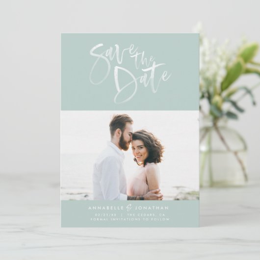 Moderne waterverf scripttypografie bruiloft foto save the date (Staand voorkant)