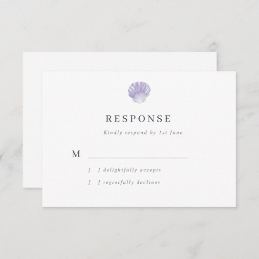 Moderne Waterverf Seashell Paarse bruiloft RSVP Kaartje (Voorkant / Achterkant)