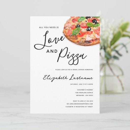 Moderne Waterverf Simple Love and Pizza Invitation Kaart (Staand voorkant)