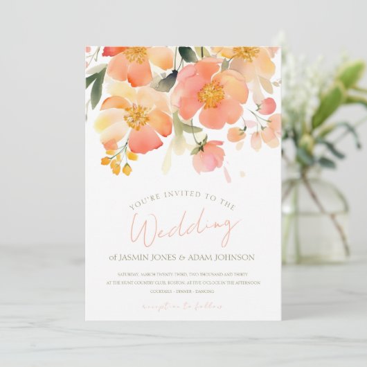 Moderne Waterverf Sinaasappel Perzik Bloemenbruilo Kaart (Staand voorkant)