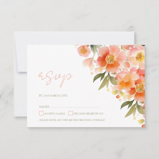 Moderne Waterverf Sinaasappel Perzik Bloemenbruilo RSVP Kaartje (Voorkant)