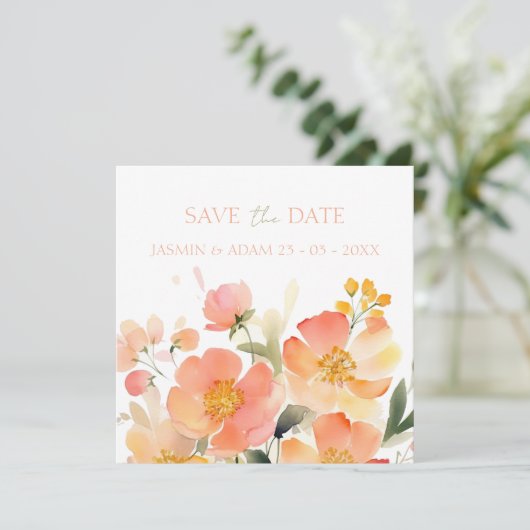 Moderne Waterverf Sinaasappel Perzik Bloemenbruilo Save The Date (Staand voorkant)