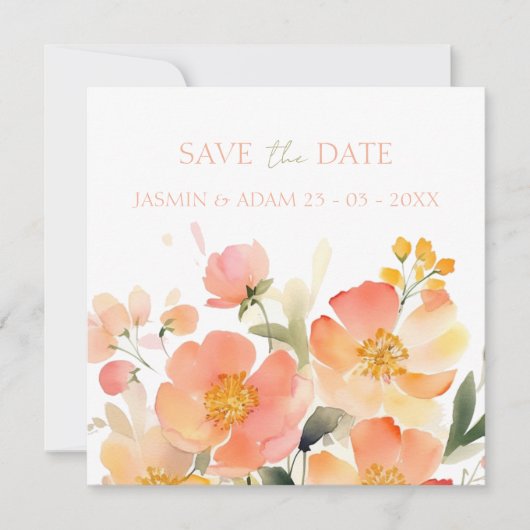 Moderne Waterverf Sinaasappel Perzik Bloemenbruilo Save The Date (Voorkant)
