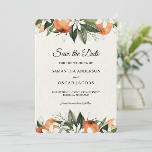 Moderne Waterverf Sinaasappels Bloemen Save The Date (Staand voorkant)