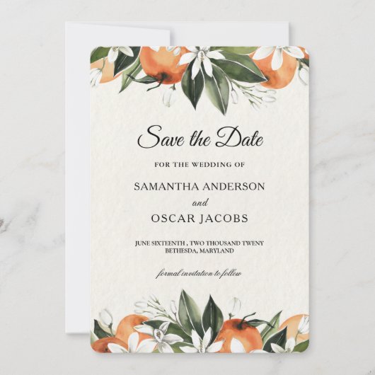 Moderne Waterverf Sinaasappels Bloemen Save The Date (Voorkant)