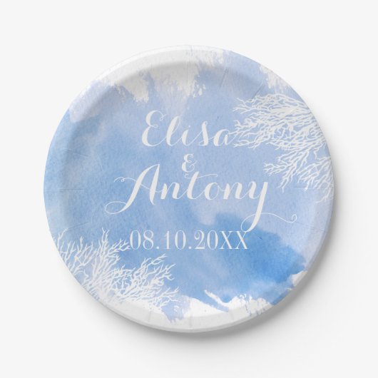 Moderne waterverf spetst blauwe koraalrif bruiloft papieren bordje (Voorkant)