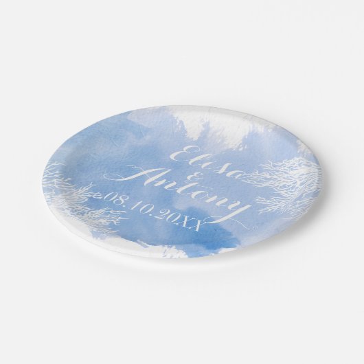 Moderne waterverf spetst blauwe koraalrif bruiloft papieren bordje (Gekanteld)
