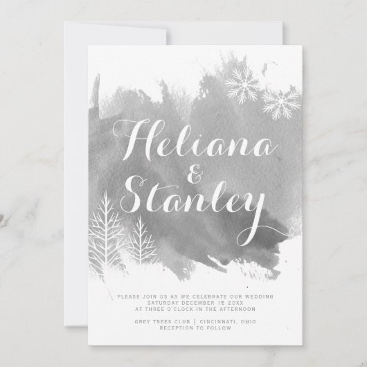 Moderne waterverf spetst grijze winterbruiloft kaart (Voorkant)