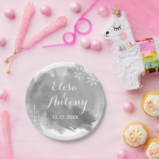 Moderne waterverf spetst grijze winterbruiloft papieren bordje (Feest)