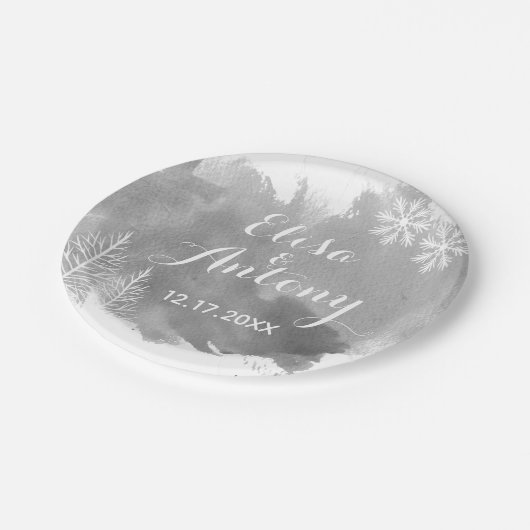 Moderne waterverf spetst grijze winterbruiloft papieren bordje (Gekanteld)