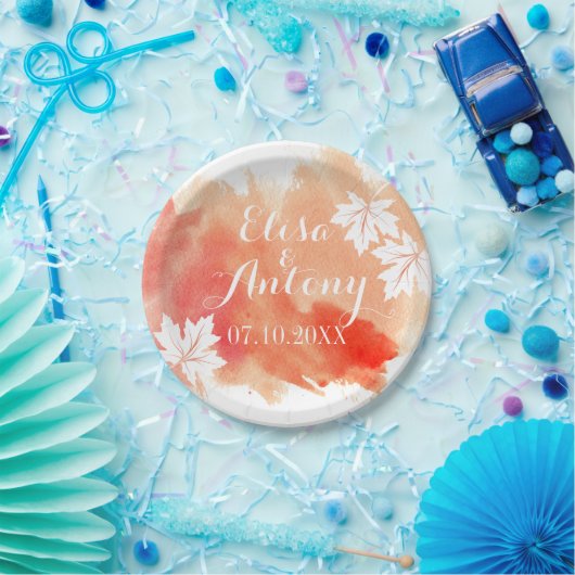 Moderne waterverf splash koraal perzik bruiloft papieren bordje (Feest)