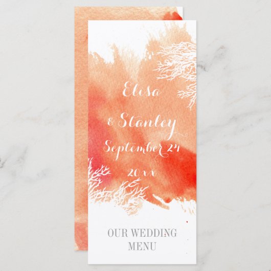 Moderne waterverf splash koraalrif bruiloft menu (Voorkant / Achterkant)